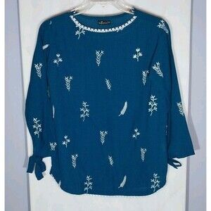 Tabitha's Women’s Top M Gingham Embroidered Floral Tie Sleeve Boho Cottagecore